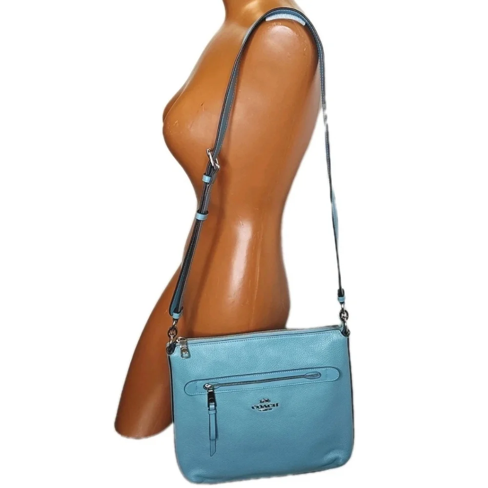 Coach Mae File Pebble Leather Purse Crossbody Denim Pacific Cloud Blue Spring